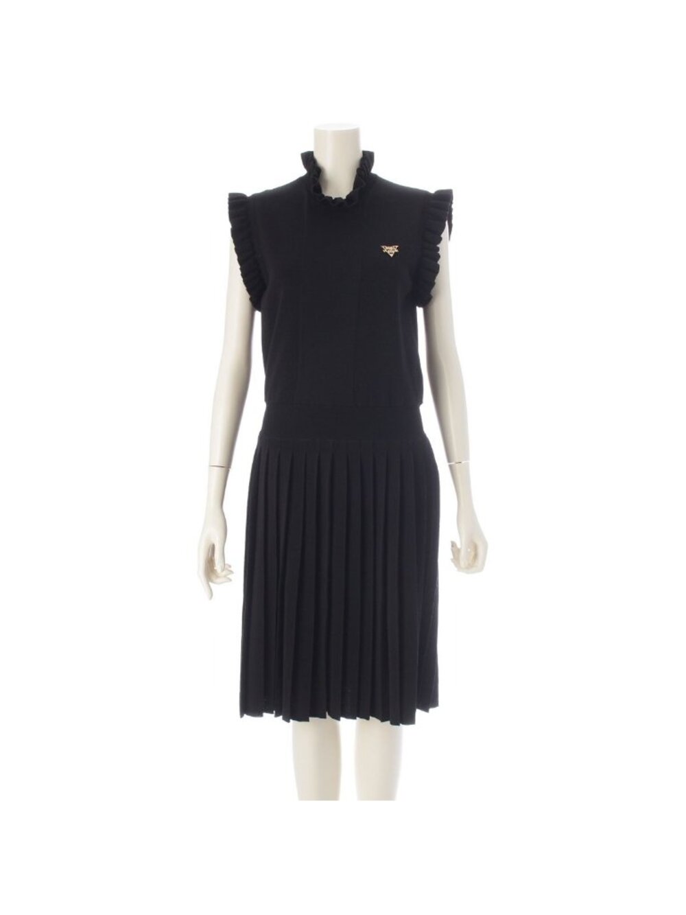 Louis Vuitton Wool Sleeveless Logo Frills Knit Dress Black